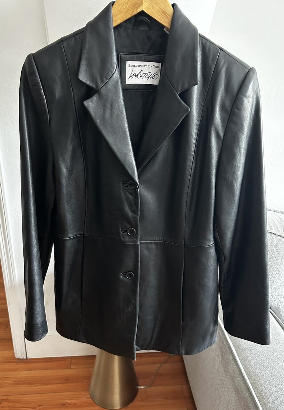 Vtg Lord & Taylor Black Genuine Leather Blazer Jacket M Preppy Old Money